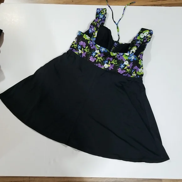 BLAIR Black Blue & Purple Pansie One Piece Dress Swimsuit - Picture 4 of 15